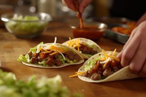 Three soft tacos filled with lettuce, ground beef, cheese, and salsa, with a hand adding sauce, on a wooden countertop.